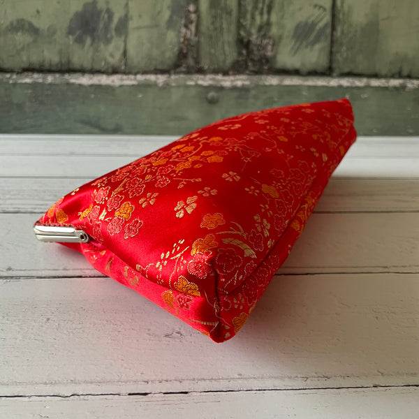 Red Gold Blossom Floral Brocade 8 Inch Silver Clasp Purse Frame Clutch Bag