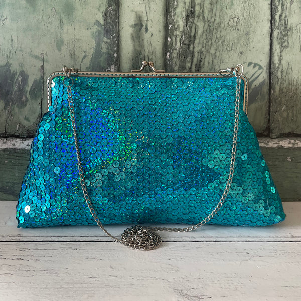 Turquoise Sequin 8 Inch Silver Clasp Purse Frame Clutch Bag