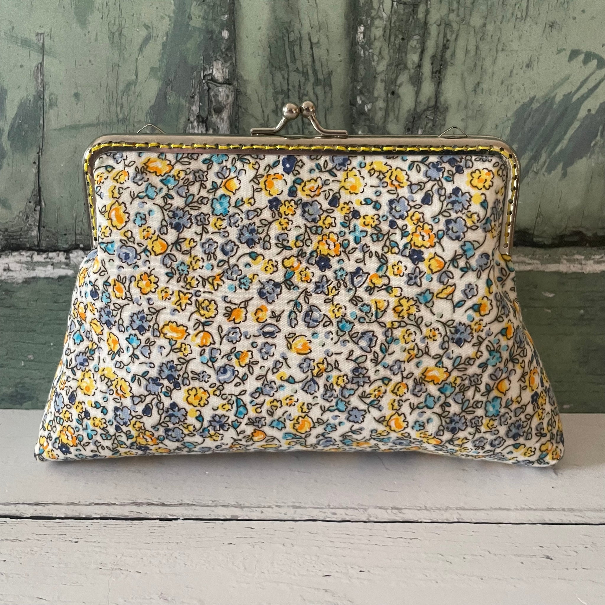 Yellow Roses Blue Forget Me Nots Floral Cotton 5.5 Inch Silver Clasp Purse Frame Clutch Bag