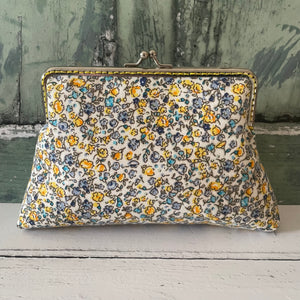 Yellow Roses Blue Forget Me Nots Floral Cotton 5.5 Inch Silver Clasp Purse Frame Clutch Bag