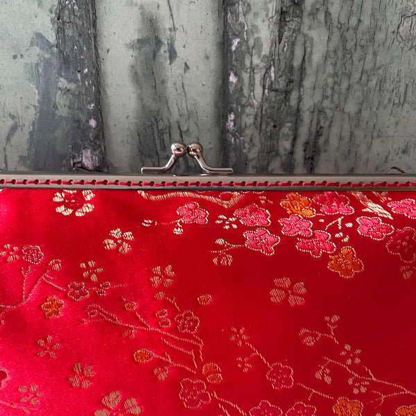 Red Gold Blossom Floral Brocade 8 Inch Silver Clasp Purse Frame Clutch Bag
