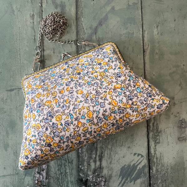 Yellow Roses Blue Forget Me Nots Floral Cotton 5.5 Inch Silver Clasp Purse Frame Clutch Bag