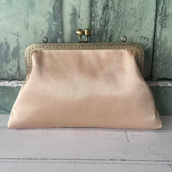 Champagne Satin 8 Inch Bronze Clasp Purse Frame Clutch Bag