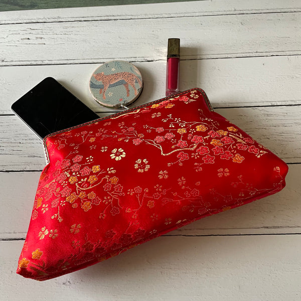 Red Gold Blossom Floral Brocade 8 Inch Silver Clasp Purse Frame Clutch Bag