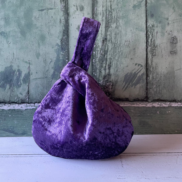 Purple Reversible Crushed Velvet Satin Japanese Wristlet Knot Clutch Bag
