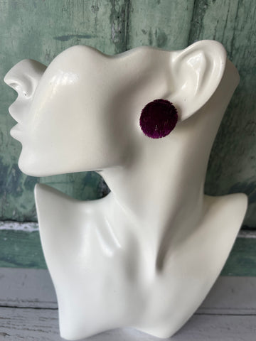Aubergine Plum Crushed Velvet Fabric Button Stainless Steel Stud Earrings