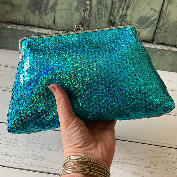 Turquoise Sequin 8 Inch Silver Clasp Purse Frame Clutch Bag