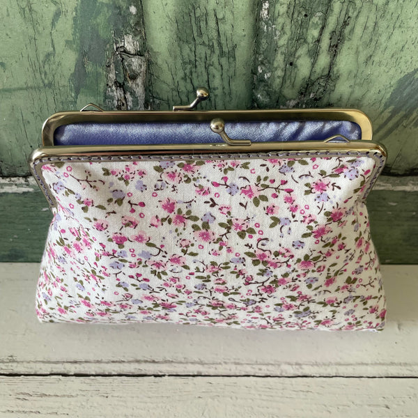 White Pink Pansies Forget Me Nots Floral Cotton 5.5 Inch Silver Clasp Purse Frame Clutch Bag