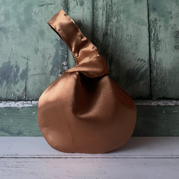Brown Reversible Velvet Satin Japanese Wristlet Knot Clutch Bag