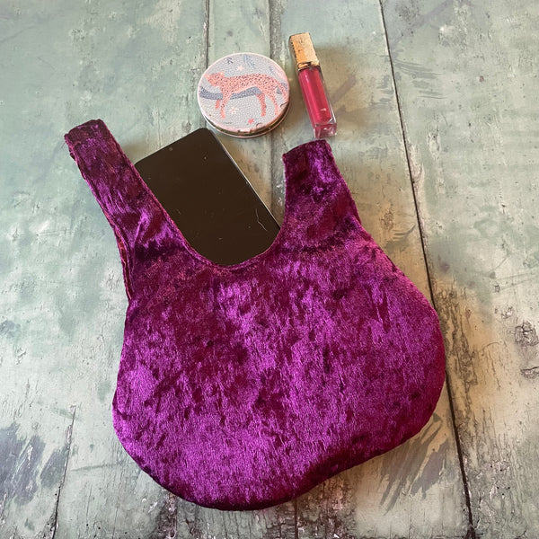 Aubergine Plum Reversible Crushed Velvet Satin Japanese Wristlet Knot Clutch Bag