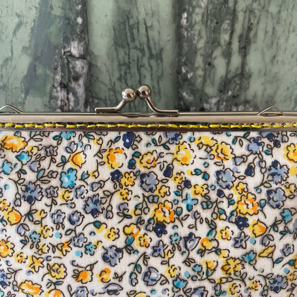Yellow Roses Blue Forget Me Nots Floral Cotton 5.5 Inch Silver Clasp Purse Frame Clutch Bag