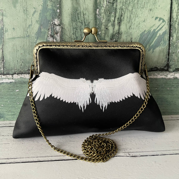 Black and White Angel Wings Satin 5.5 Inch Clasp Purse Frame Clutch Bag