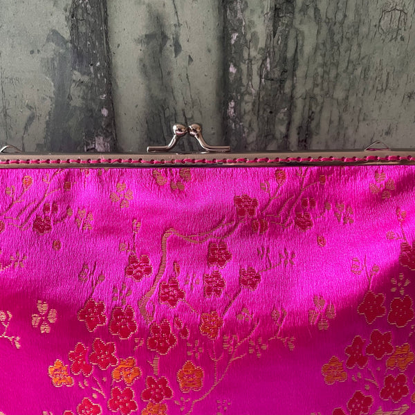 Pink Gold Blossom Floral Brocade 8 Inch Silver Clasp Purse Frame Clutch Bag