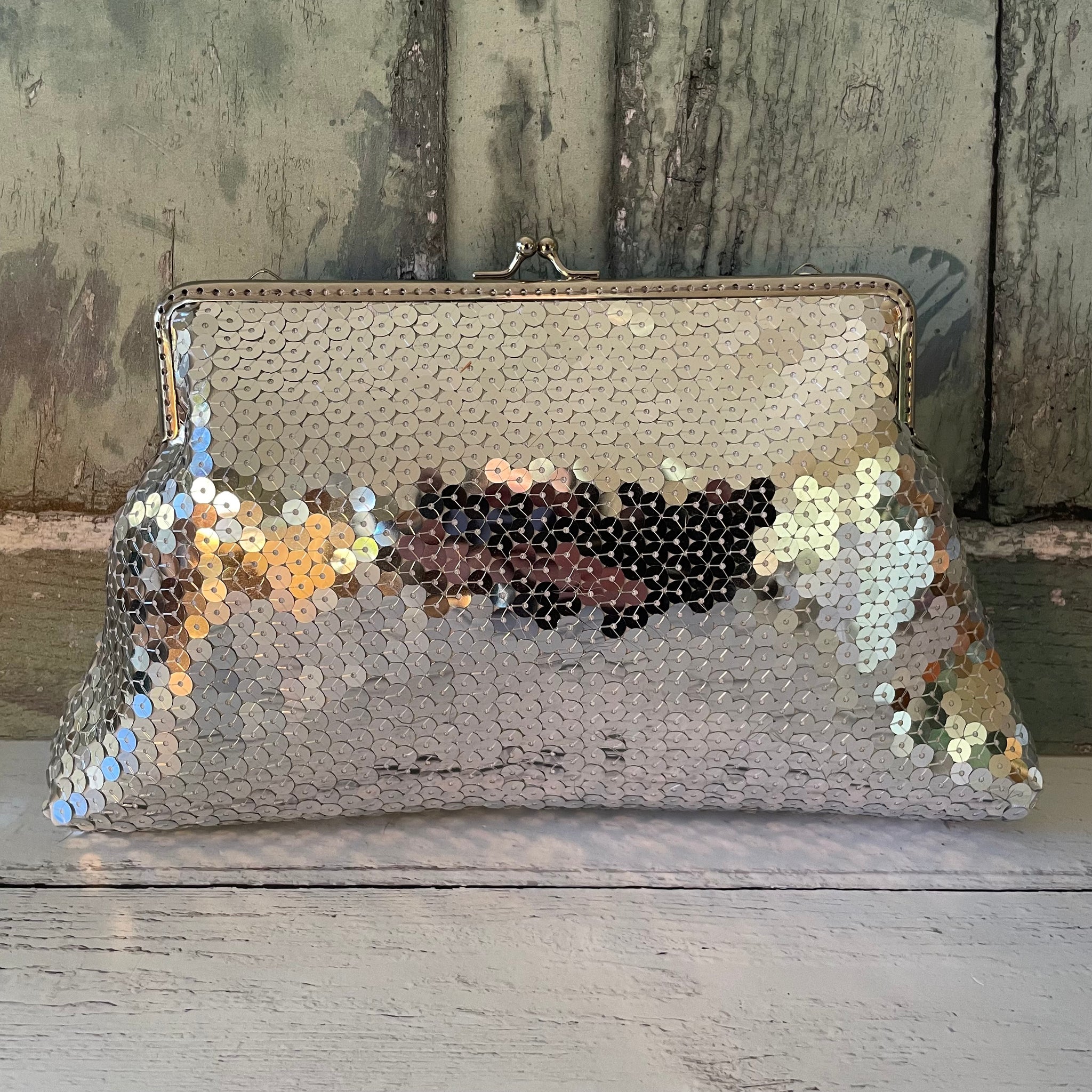 Silver Sequin 8 Inch Silver Clasp Purse Frame Clutch Bag