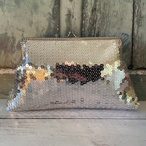 Silver Sequin 8 Inch Silver Clasp Purse Frame Clutch Bag