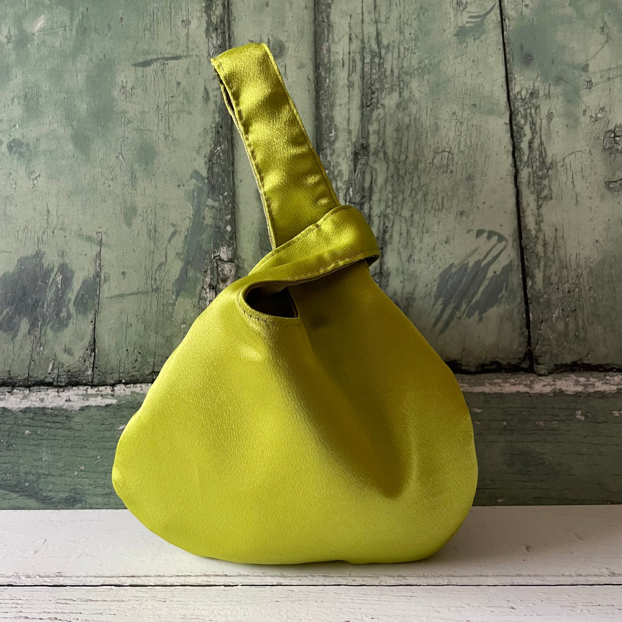 Lime Green Olive Green Reversible Crushed Velvet Satin Japanese Wristlet Knot Clutch Bag