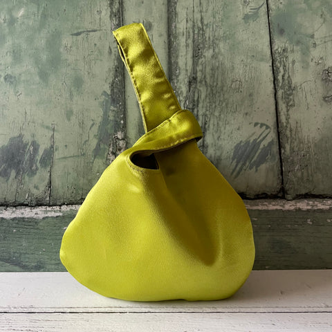 Lime Green Olive Green Reversible Crushed Velvet Satin Japanese Wristlet Knot Clutch Bag