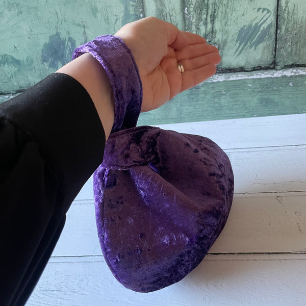 Purple Reversible Crushed Velvet Satin Japanese Wristlet Knot Clutch Bag