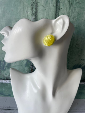 Yellow Crushed Velvet Fabric Button Stainless Steel Stud Earrings