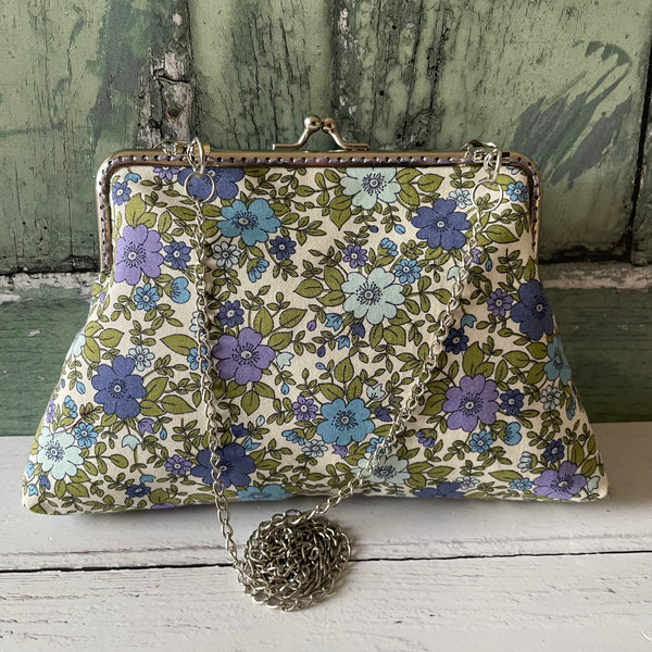 White Blue Lilac Pansies Floral Cotton 5.5 Inch Silver Clasp Purse Frame Clutch Bag