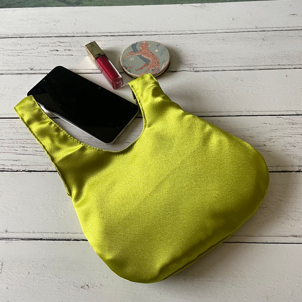 Lime Green Olive Green Reversible Crushed Velvet Satin Japanese Wristlet Knot Clutch Bag