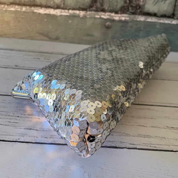 Silver Sequin 8 Inch Silver Clasp Purse Frame Clutch Bag