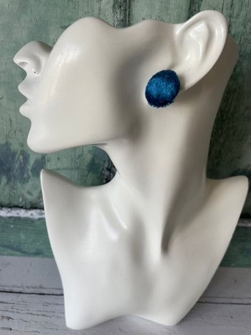 Petrol Blue Crushed Velvet Fabric Button Stainless Steel Stud Earrings