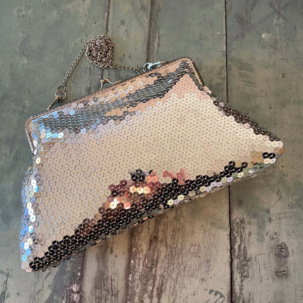 Silver Sequin 8 Inch Silver Clasp Purse Frame Clutch Bag