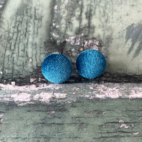 Petrol Blue Velvet Fabric Button Stainless Steel Stud Earrings