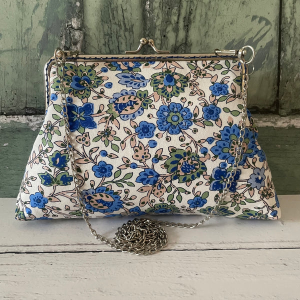 White Blue Pansies Forget Me Nots Floral Cotton 5.5 Inch Silver Clasp Purse Frame Clutch Bag
