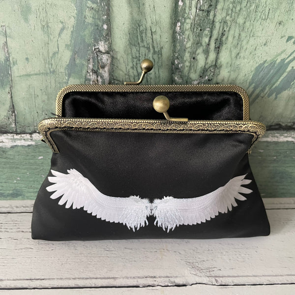 Black and White Angel Wings Satin 5.5 Inch Clasp Purse Frame Clutch Bag