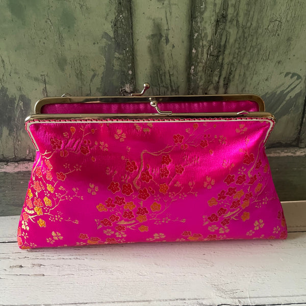 Pink Gold Blossom Floral Brocade 8 Inch Silver Clasp Purse Frame Clutch Bag