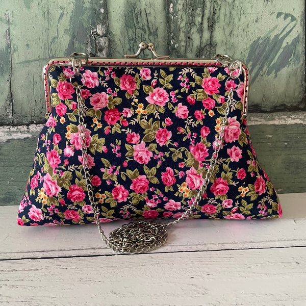 Black and Pink Roses Floral Cotton 5.5 Inch Silver Clasp Purse Frame Clutch Bag