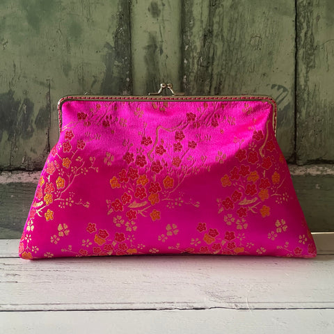 Pink Gold Blossom Floral Brocade 8 Inch Silver Clasp Purse Frame Clutch Bag