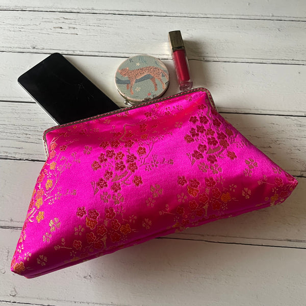 Pink Gold Blossom Floral Brocade 8 Inch Silver Clasp Purse Frame Clutch Bag