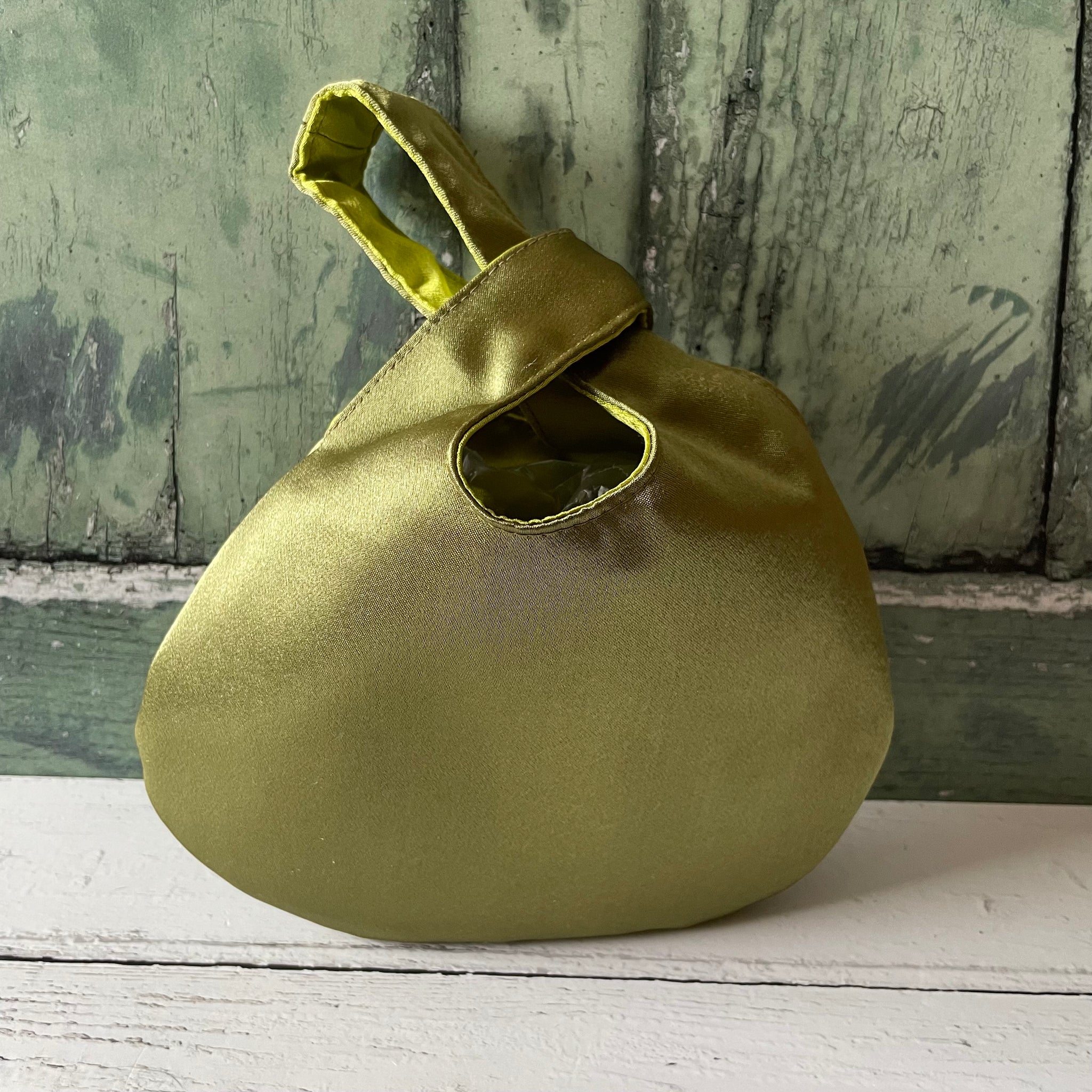 Olive Green Lime Green Reversible Crushed Velvet Satin Japanese Wristlet Knot Clutch Bag