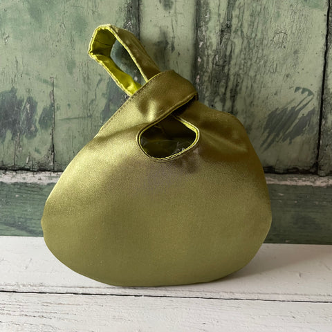 Olive Green Lime Green Reversible Crushed Velvet Satin Japanese Wristlet Knot Clutch Bag