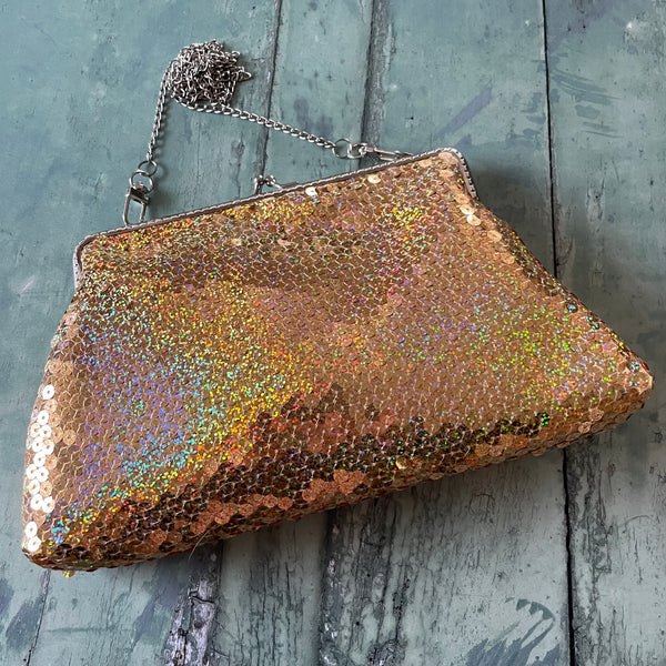 Gold Holographic Sequin 8 Inch Silver Clasp Purse Frame Clutch Bag