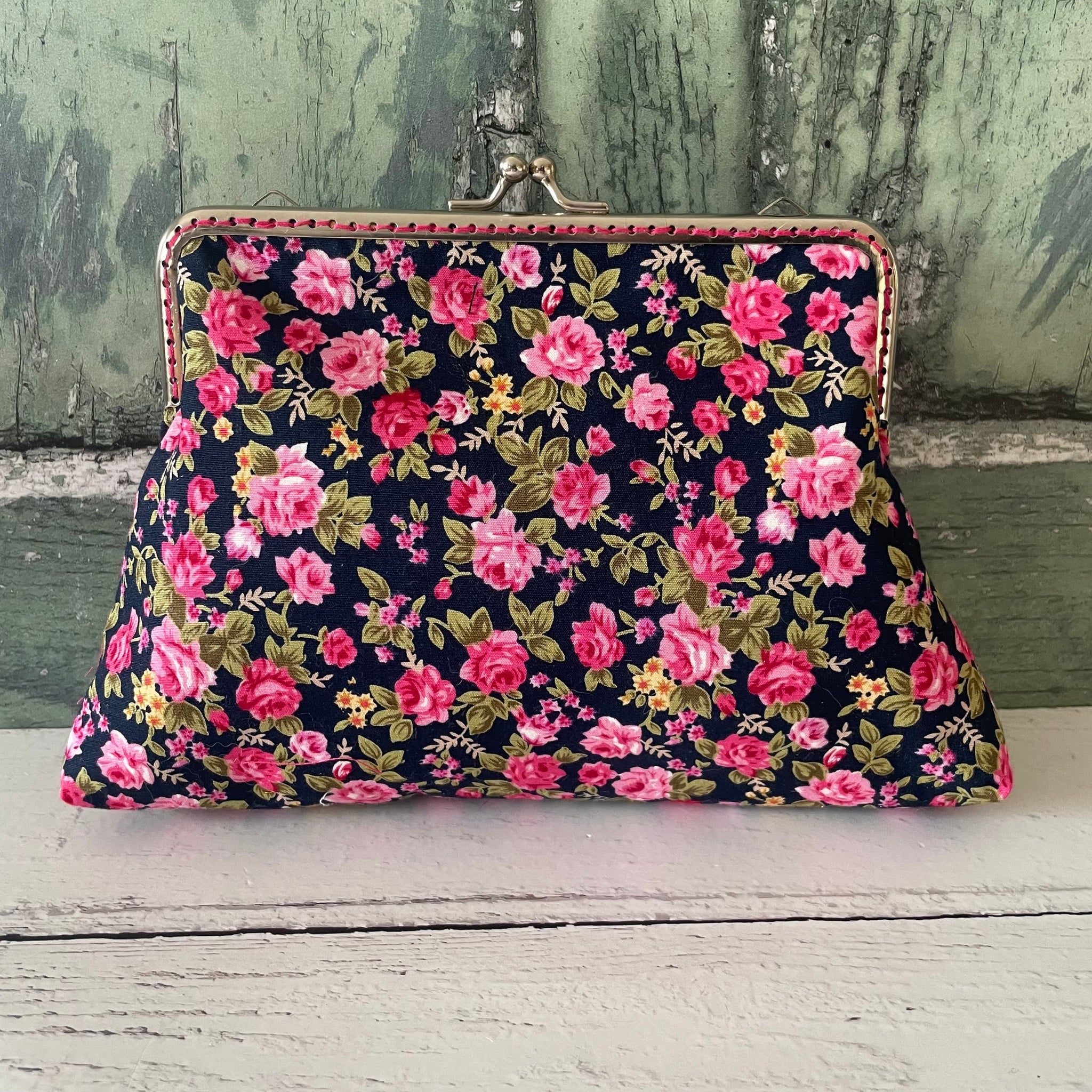 Black and Pink Roses Floral Cotton 5.5 Inch Silver Clasp Purse Frame Clutch Bag