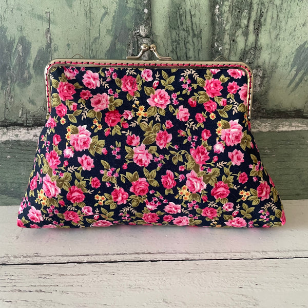 Black and Pink Roses Floral Cotton 5.5 Inch Silver Clasp Purse Frame Clutch Bag