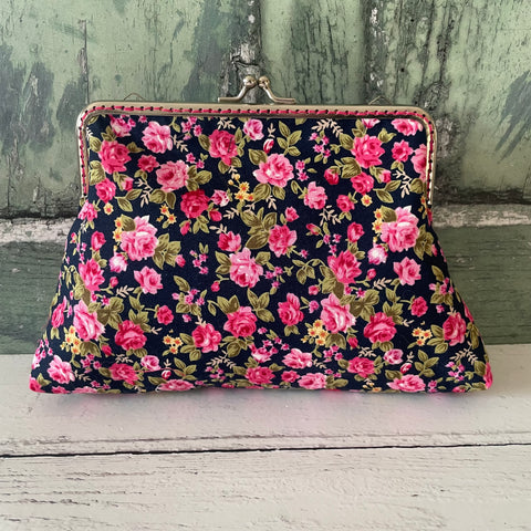 Black and Pink Roses Floral Cotton 5.5 Inch Silver Clasp Purse Frame Clutch Bag