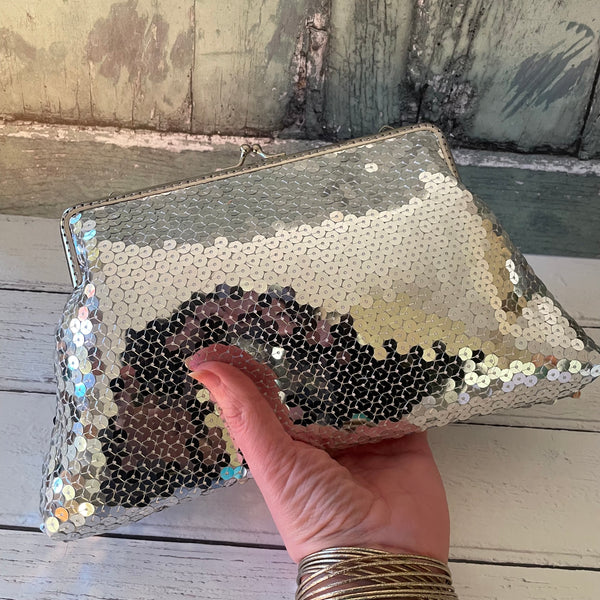 Silver Sequin 8 Inch Silver Clasp Purse Frame Clutch Bag