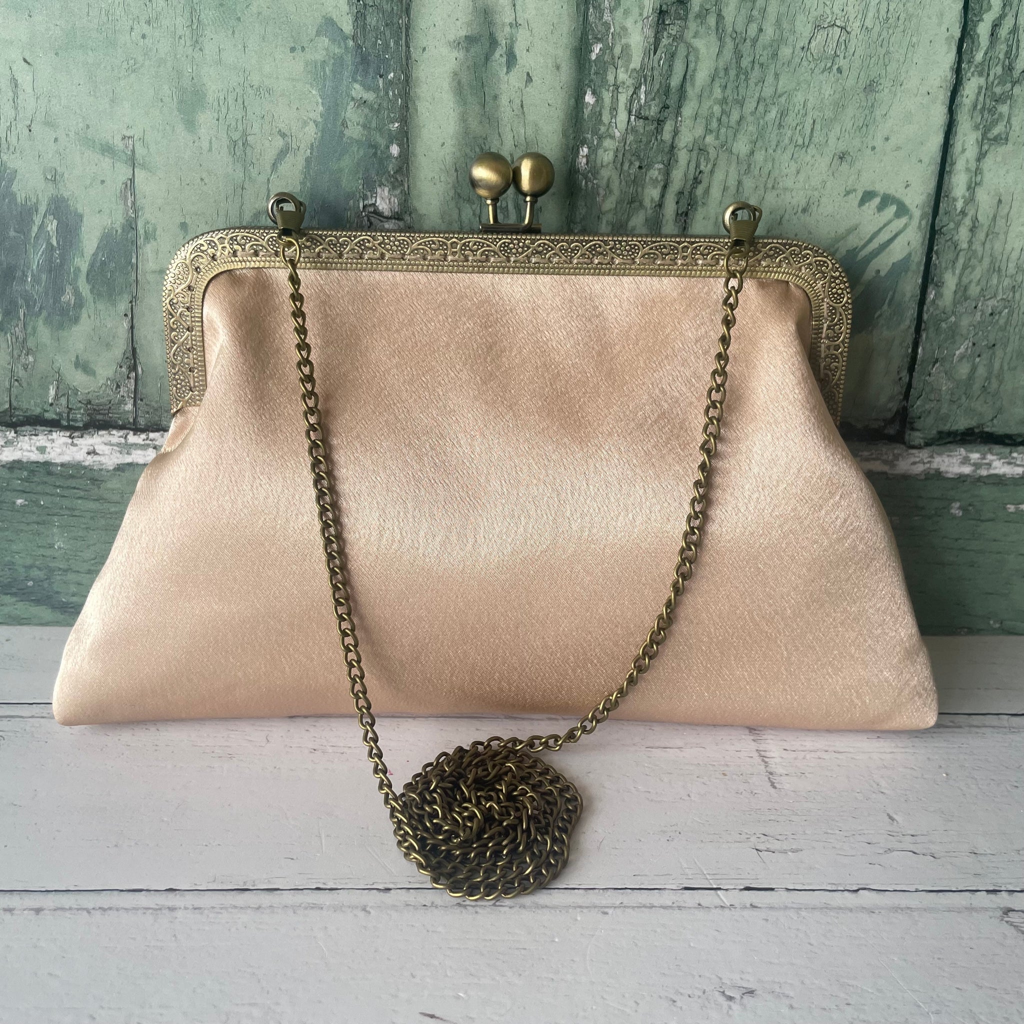 Champagne Satin 8 Inch Bronze Clasp Purse Frame Clutch Bag