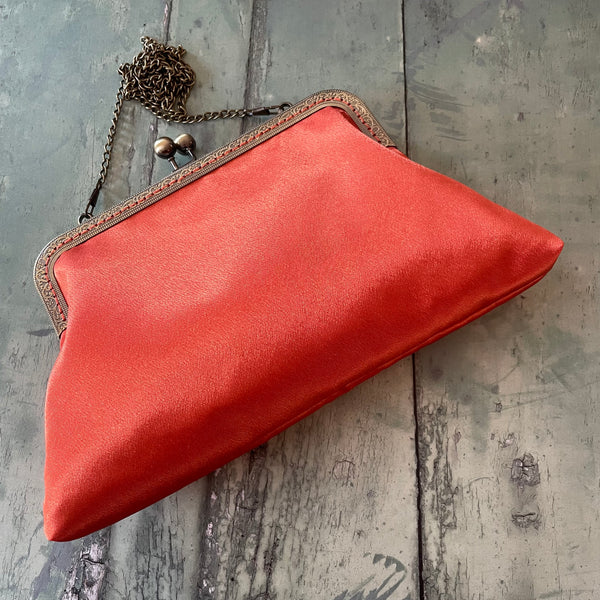 Dark Orange Satin 8 Inch Bronze Clasp Purse Frame Clutch Bag