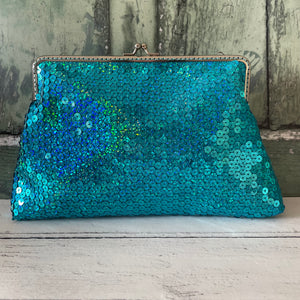 Turquoise Sequin 8 Inch Silver Clasp Purse Frame Clutch Bag