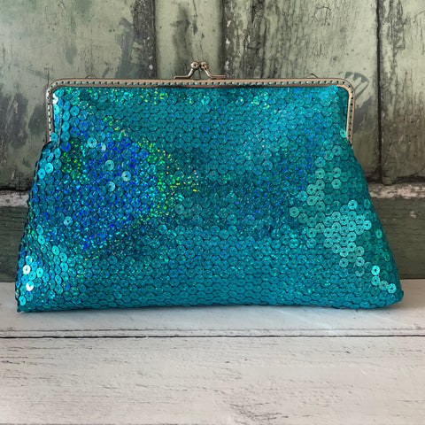 Turquoise Sequin 8 Inch Silver Clasp Purse Frame Clutch Bag