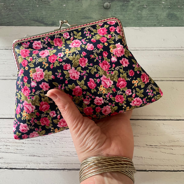 Black and Pink Roses Floral Cotton 5.5 Inch Silver Clasp Purse Frame Clutch Bag