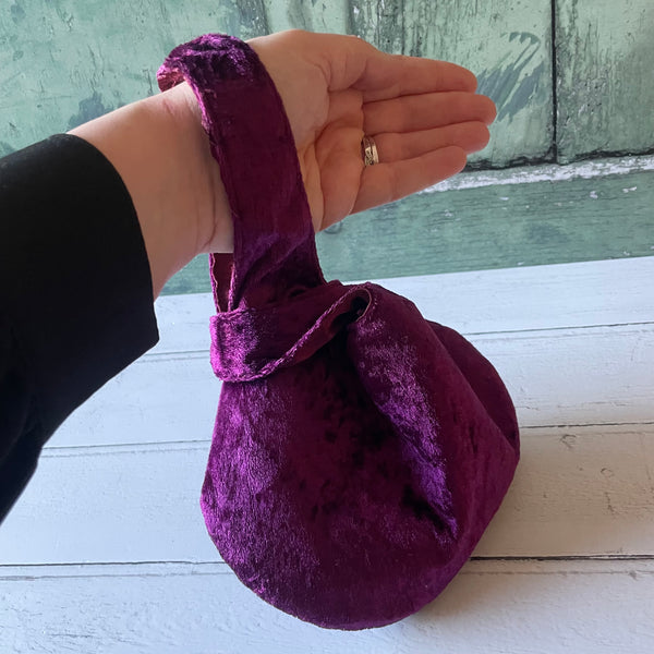 Aubergine Plum Reversible Crushed Velvet Satin Japanese Wristlet Knot Clutch Bag
