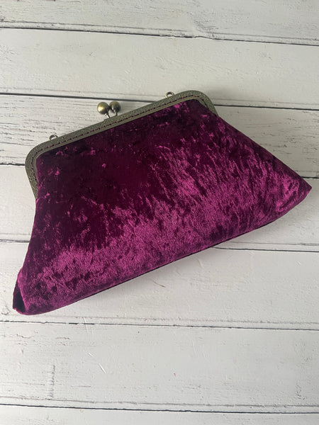 Aubergine Plum Crushed Velvet 8 Inch Bronze Clasp Purse Frame Clutch Bag