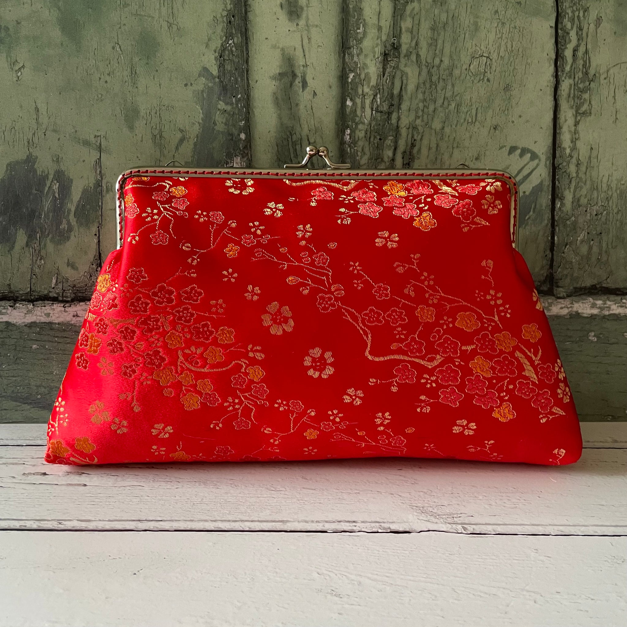 Red Gold Blossom Floral Brocade 8 Inch Silver Clasp Purse Frame Clutch Bag